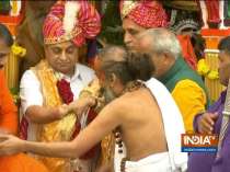 Gujarat CM Vijay Rupani and Deputy CM Nitinbhai Patel offer prayers at the Jagannath Temple in Ahmedabad