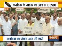 Congress leaders including Sonia, Rahul, Anand Sharma protest in front of Gandhi statue in Parliament
