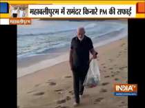 PM Narendra Modi plogging at Mamallapuram beach