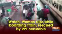 Watch: Woman slips while boarding train, rescued by RPF constable