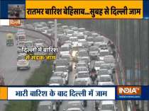 Delhi: Heavy traffic on Barapullah flyover following rainfall in the city, today morning