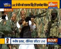 Defence Minister Rajnath Singh interacts with troops at Lukung, Ladakh during security review visit