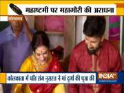 TMC MP Nusrat Jahan and husband Nikhil Jain offer prayers during Navratri, plays drum later