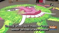 Chennai artists paint massive 'coronvirus demon' on road to warn people