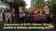 	Supporters of BJP's Baban Ghosh protest in Kolkata demanding ticket