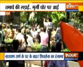 Shiv Sena workers protest outside Narayan Rane's residence